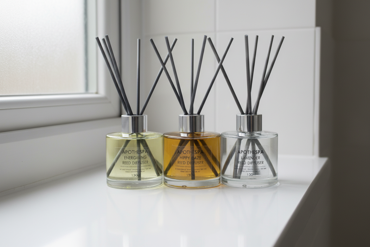 Three Apothespa diffusers with black sticks on a grey background