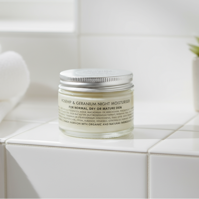 A jar of Apothespa Rosehip & Geranium Night Moisturiser for normal dry or mature skin.