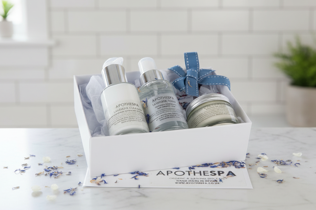 Geschenkbox für das Gesichtspflegeprodukt mit Bergamotte, Teebaum und Lavendel