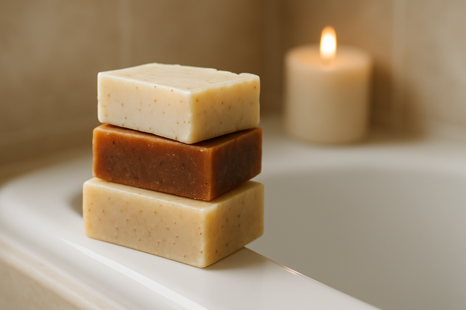show 3 bars of soap in a pile on a bath with a candle in the background