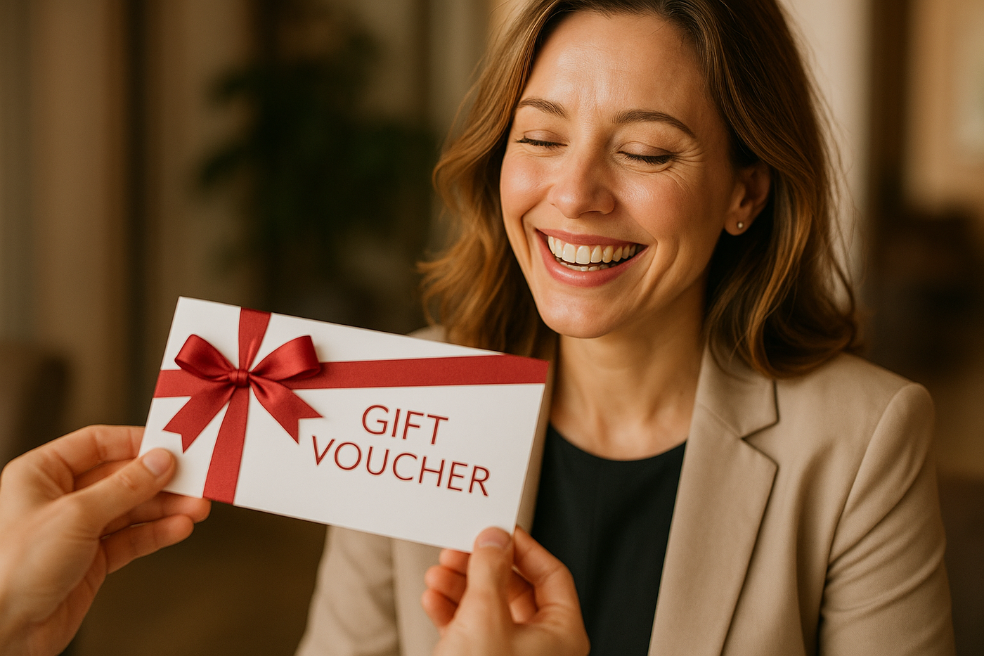 smiling lady receiving gift voucher